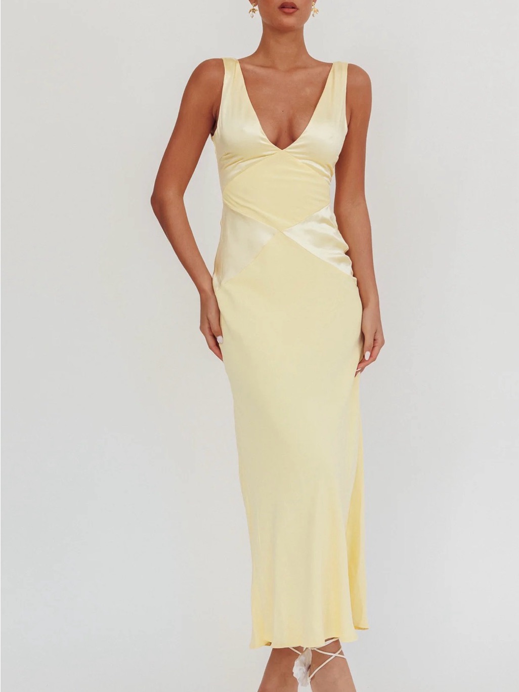 Elegant Yellow Satin-Panel Maxi Dress